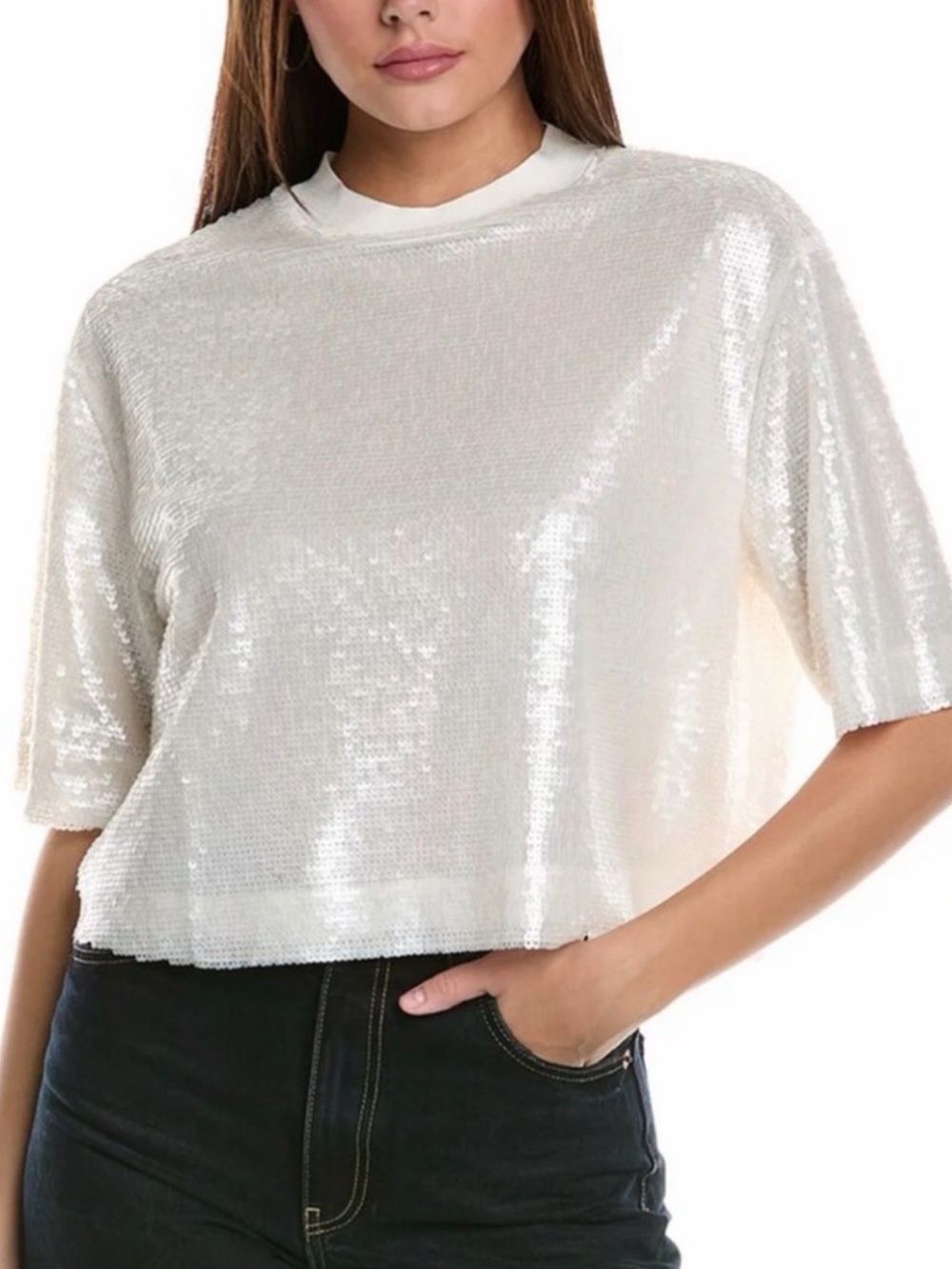 AllSaints White Sequin Boxy Crop Top